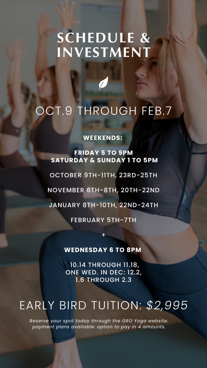 Flyer: Schedule and investment, October 9 through February 7, weekend and Wednesday hours, early bird tuition $2,995